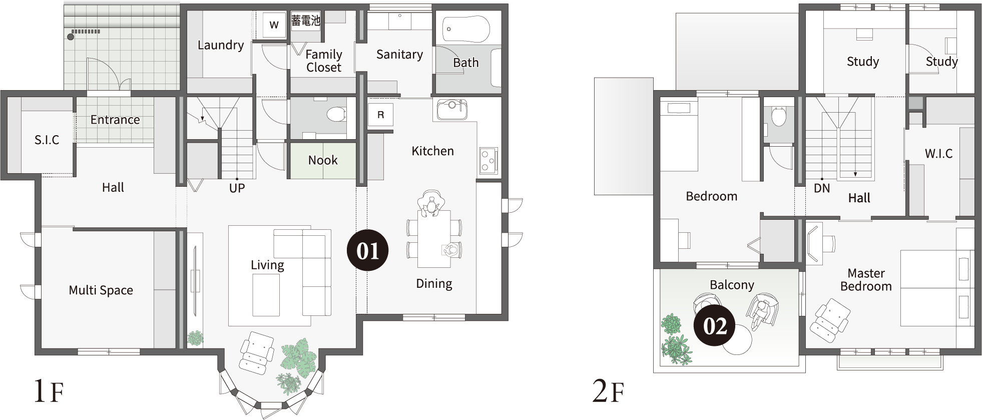 1F 2Fの間取り図